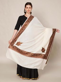 MUFFLY - Wool Blend Copper-Red Embroidered Border Shawl - White