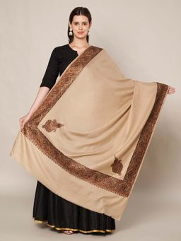 MUFFLY - Wool Blend Copper-Red Embroidered Border Shawl - Beige