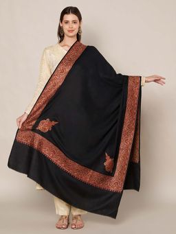 MUFFLY - Wool Blend Copper-Red Embroidered Border Shawl - Black