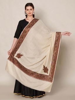 MUFFLY - Wool Blend Copper-Red Embroidered Border Shawl - Cream