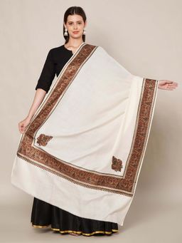 MUFFLY - Wool Blend Multicolor Embroidered Border Shawl - White