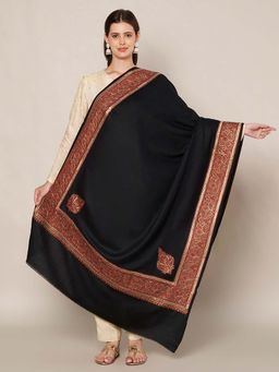 MUFFLY - Wool Blend Multicolor Embroidered Border Shawl - Black