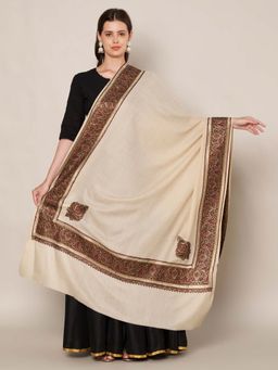 MUFFLY - Wool Blend Multicolor Embroidered Border Shawl - Cream