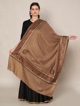 MUFFLY - Wool Blend Multicolor Embroidered Border Shawl - Brown