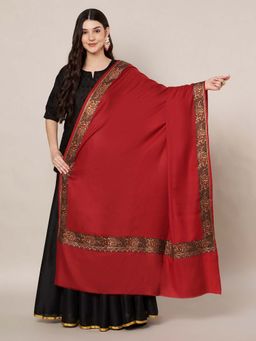 MUFFLY - Wool Blend Intricate Golden Embroidered Border Shawl - Red