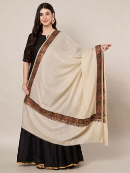 MUFFLY - Wool Blend Intricate Golden Embroidered Border Shawl - Cream