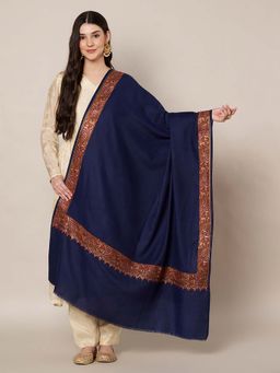 MUFFLY - Wool Blend Intricate Golden Embroidered Border Shawl - Blue