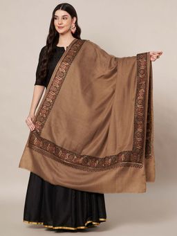 MUFFLY - Wool Blend Intricate Multicolor Embroidered Border Shawl - Brown