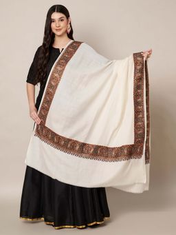 MUFFLY - Wool Blend Intricate Multicolor Embroidered Border Shawl - White