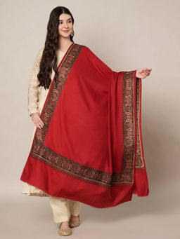 MUFFLY - Wool Blend Intricate Multicolor Embroidered Border Shawl - Red