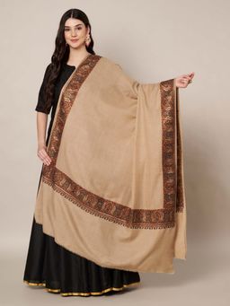 MUFFLY - Wool Blend Intricate Multicolor Embroidered Border Shawl - Beige
