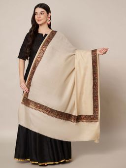MUFFLY - Wool Blend Rich Multicolor Embroidered Border Shawl - Cream