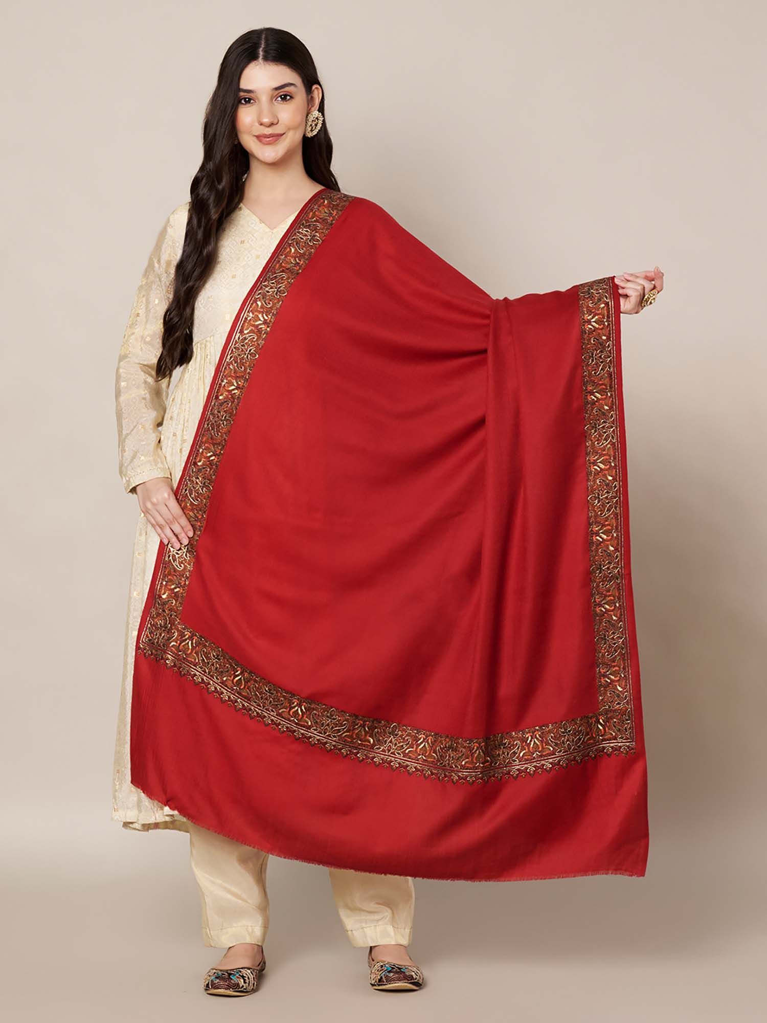Wool Blend Rich Multicolor Embroidered Border Shawl - Red