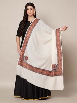 MUFFLY - Wool Blend Multicolor Embroidered Border & Motifs Shawl - White