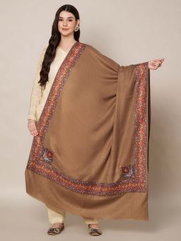 MUFFLY - Wool Blend Multicolor Embroidered Border & Motifs Shawl - Brown