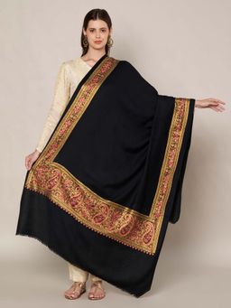 MUFFLY - Fine Wool Kashmiri Paisley & Floral Embroidered Border Shawl - Black