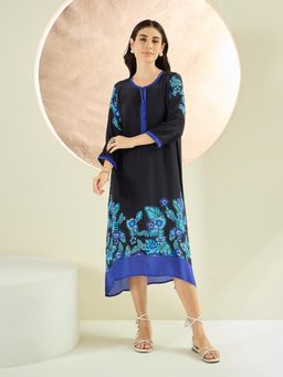 First Resort by Ramola Bachchan - Black and Blue Floral Printed Slimline Kaftan Dress