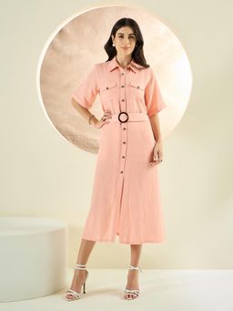 First Resort by Ramola Bachchan - Blush Peach Mid-Length Linen Shirt Dress (Set of 2)