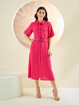 First Resort by Ramola Bachchan - Hot Pink Mid-Length Linen Shirt Dress (Set of 2)