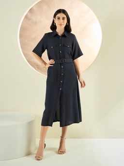 First Resort by Ramola Bachchan - Nearly Black Mid-Length Linen Shirt Dress (Set of 2)