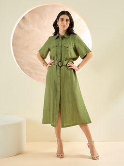 First Resort by Ramola Bachchan - Olive Green Mid-Length Linen Shirt Dress (Set of 2)