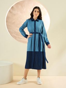 First Resort by Ramola Bachchan - Light Blue Denim Combo Mid-Length Shirt Dress (Set of 2)