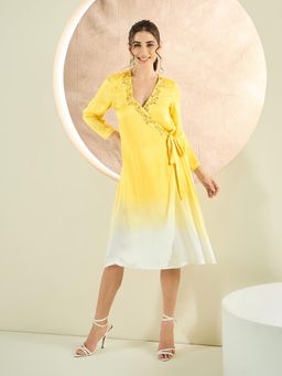 First Resort by Ramola Bachchan - Sunflower Yellow Ombre Hand Embroidered Wrap Satin Dress