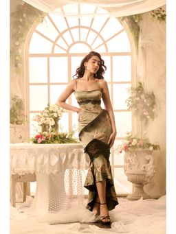 Lea Clothing - Honey Olive Green Floral Satin and Lace Asymmetric Dress