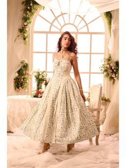 Lea Clothing - Allegra White Blue Printed Corset Maxi Dress