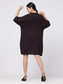 Saltpetre - Women Organic Cotton Solid Coffee Brown Mandarin Collar Kimono Dress