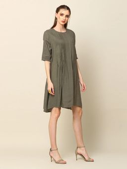 Saltpetre - Women Solid Olive Modal Round Neck Knee Length Dress