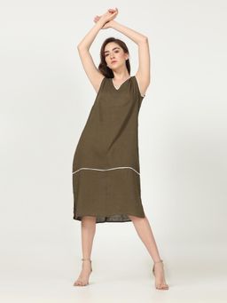 Saltpetre - Women Linen Olive with Cream Piping Knee Length Dress