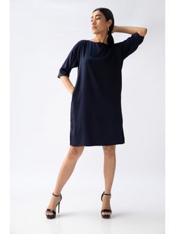 Saltpetre - Women Tencel Navy Boat Neck Straight Fit Dress