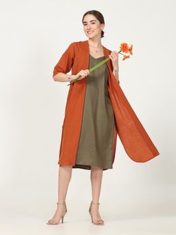 Saltpetre - Women Olive V-Neck Dress with Orange Open Neck 2 Piece Set (Set of 2)