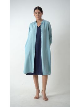 Saltpetre - Women Blue Mandarin Collar Overlay with Navy V-Neck Dress 2 Piece Set (Set of 2)