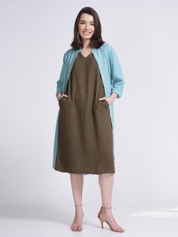 Saltpetre - Blue Mandarin Collar Overlay with Olive Sleeveless Dress 2 Piece Set (Set of 2)