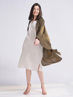 Saltpetre - Women Olive Mandarin Collar Overlay with Cream Dress (Set of 2)