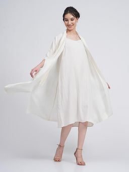 Saltpetre - Women Solid Cream Drapey Long Shirt with Midi Length Dress 2 Piece Set (Set of 2)