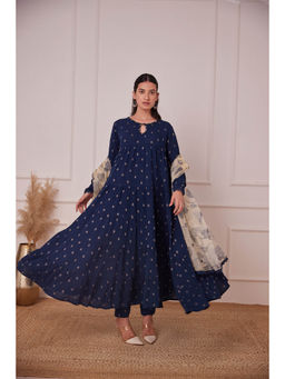 MAAND - Women Blue Woven Anarkali Kurta with Pant and Dupatta