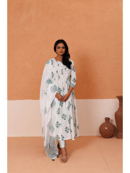 MAAND - Women White Printed Anarkali Kurta with Pant and Dupatta