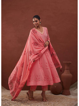 MAAND - Women Pink Embroidered Anarkali Kurta with Pant and Dupatta