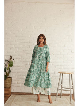 MAAND - Women Teal Floral Kurta with Palazzo