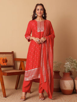 Chowkhat - Women Red Floral Kurta with Pant and Dupatta