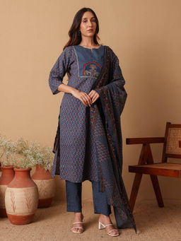 Chowkhat - Women Blue Printed Kurta with Pant and Dupatta