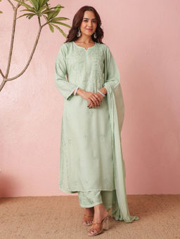 Chowkhat - Women Green Embroidered Kurta with Palazzo and Dupatta