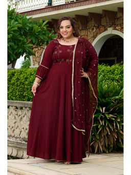 Desi Noor - Women Maroon Embellished Anarkali with Dupatta