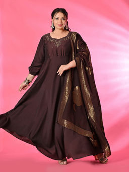 Desi Noor - Women Brown Embroidered Anarkali with Dupatta