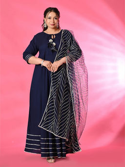 Desi Noor - Women Navy Blue Solid Anarkali with Dupatta