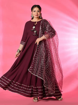 Desi Noor - Women Wine Solid Anarkali with Dupatta