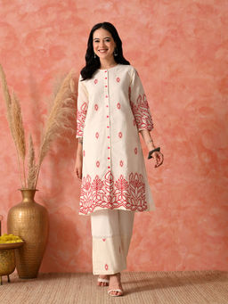 MYSHKA - Women Red Embroidered Co-Ord Set